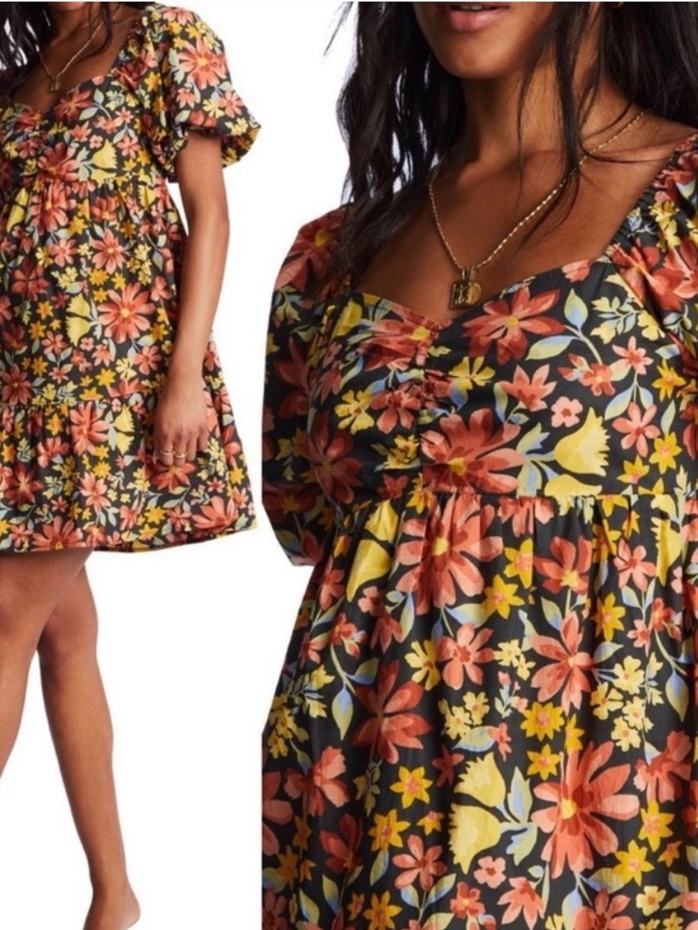 Billabong Black Mini Dress with Coral, Yellow & Light Blue Floral Print